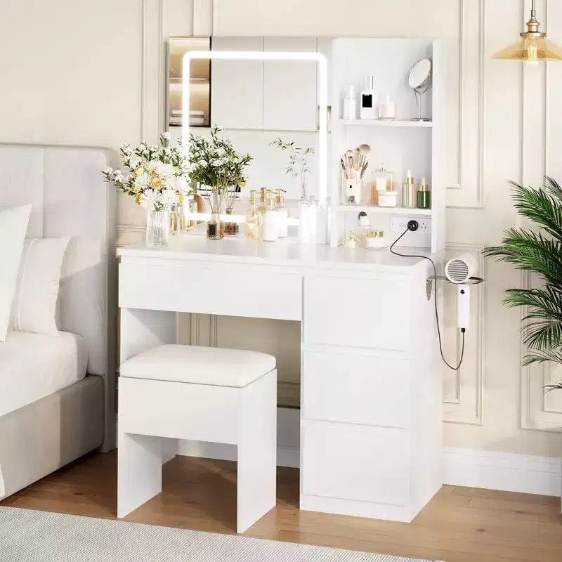 Vanity Desk with Mirror and Lights - Modern Makeup Dressing Table with Outlets, Storage Stool,4 Drawers & Hair Dryer Holder-3 Colors LED Vanity Mirror
