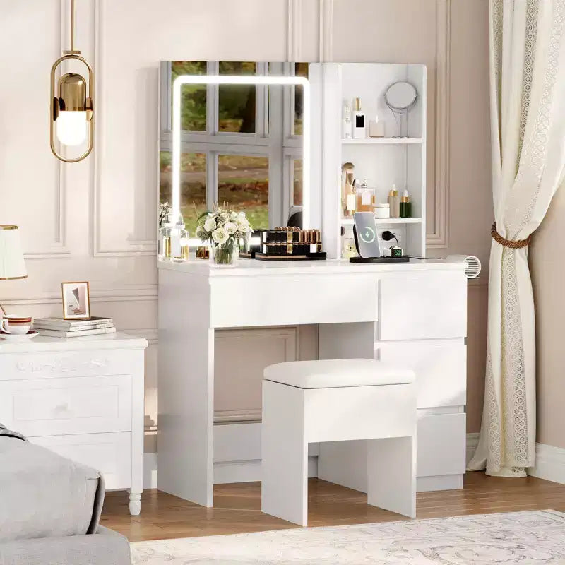 Vanity Desk with Mirror and Lights - Modern Makeup Dressing Table with Outlets, Storage Stool,4 Drawers & Hair Dryer Holder-3 Colors LED Vanity Mirror