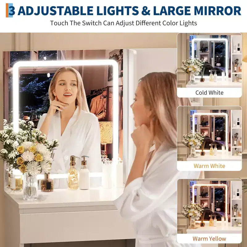 Vanity Desk with Mirror and Lights - Modern Makeup Dressing Table with Outlets, Storage Stool,4 Drawers & Hair Dryer Holder-3 Colors LED Vanity Mirror