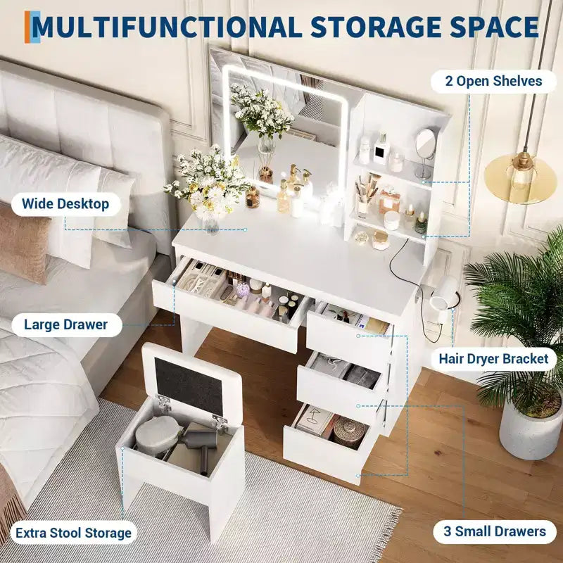 Vanity Desk with Mirror and Lights - Modern Makeup Dressing Table with Outlets, Storage Stool,4 Drawers & Hair Dryer Holder-3 Colors LED Vanity Mirror