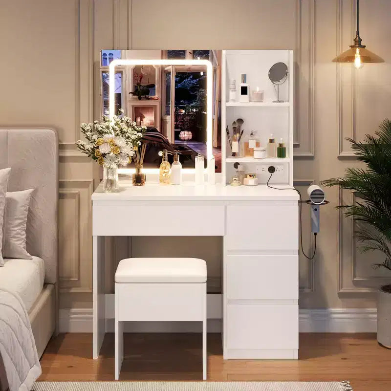 Vanity Desk with Mirror and Lights - Modern Makeup Dressing Table with Outlets, Storage Stool,4 Drawers & Hair Dryer Holder-3 Colors LED Vanity Mirror