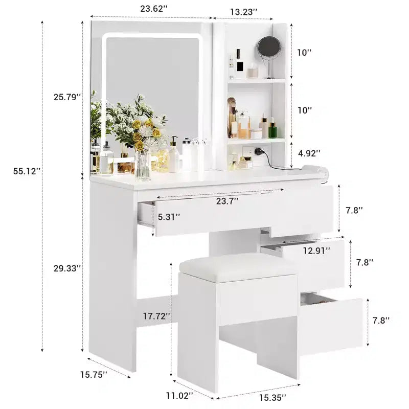 Vanity Desk with Mirror and Lights - Modern Makeup Dressing Table with Outlets, Storage Stool,4 Drawers & Hair Dryer Holder-3 Colors LED Vanity Mirror