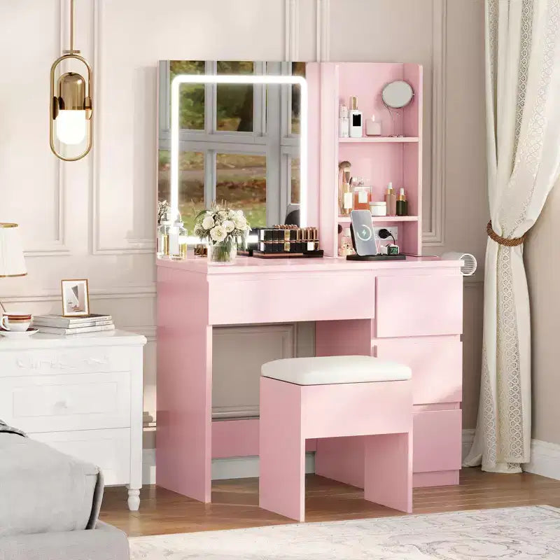 Vanity Desk with Mirror and Lights - Modern Makeup Dressing Table with Outlets, Storage Stool,4 Drawers & Hair Dryer Holder-3 Colors LED Vanity Mirror