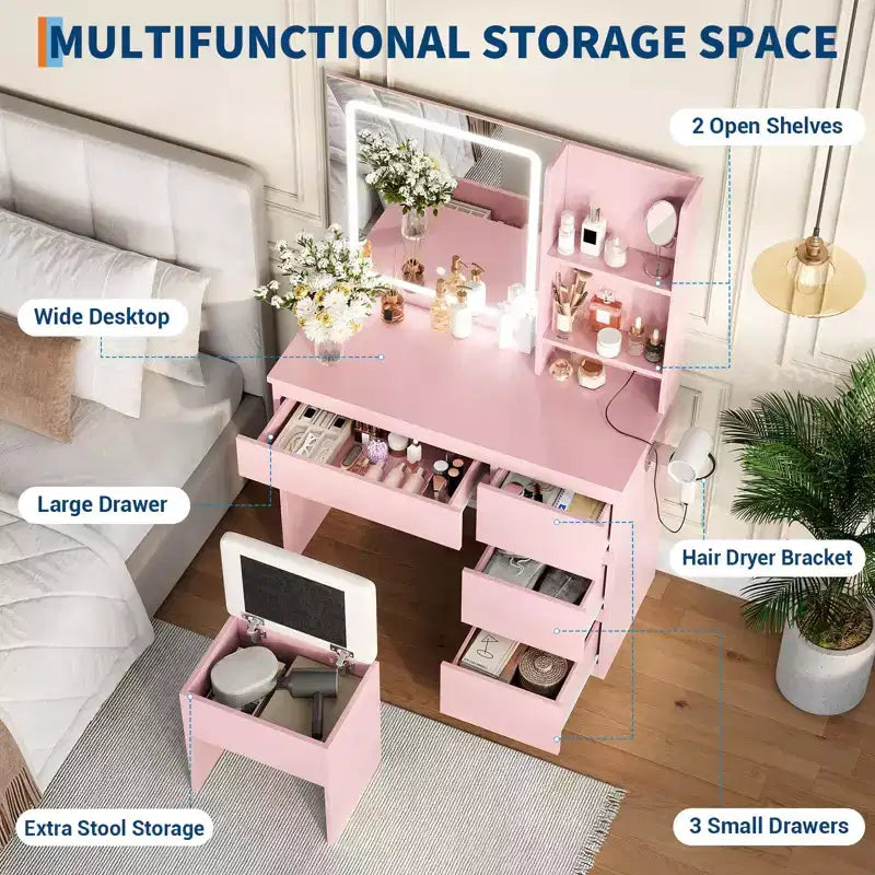 Vanity Desk with Mirror and Lights - Modern Makeup Dressing Table with Outlets, Storage Stool,4 Drawers & Hair Dryer Holder-3 Colors LED Vanity Mirror