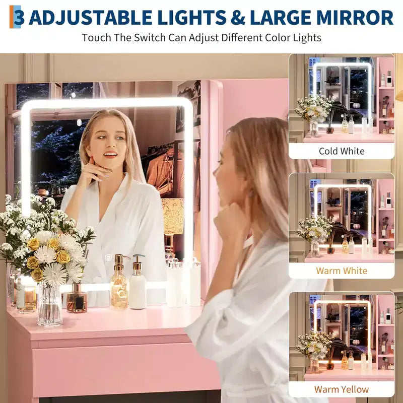 Vanity Desk with Mirror and Lights - Modern Makeup Dressing Table with Outlets, Storage Stool,4 Drawers & Hair Dryer Holder-3 Colors LED Vanity Mirror