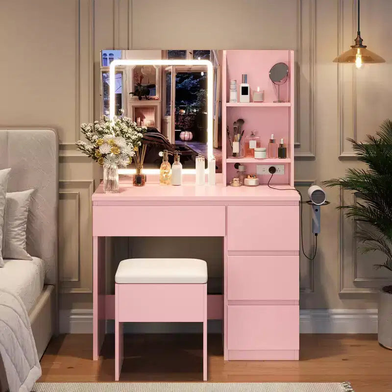 Vanity Desk with Mirror and Lights - Modern Makeup Dressing Table with Outlets, Storage Stool,4 Drawers & Hair Dryer Holder-3 Colors LED Vanity Mirror