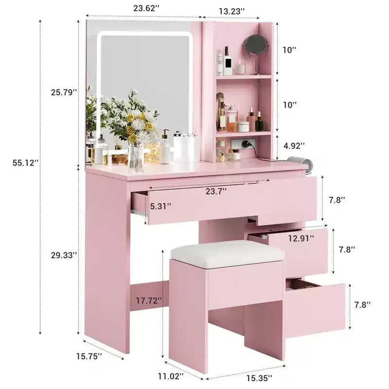 Vanity Desk with Mirror and Lights - Modern Makeup Dressing Table with Outlets, Storage Stool,4 Drawers & Hair Dryer Holder-3 Colors LED Vanity Mirror