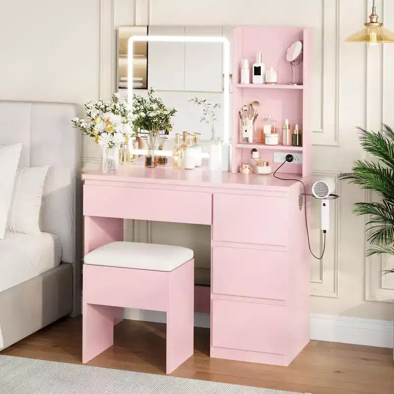 Vanity Desk with Mirror and Lights - Modern Makeup Dressing Table with Outlets, Storage Stool,4 Drawers & Hair Dryer Holder-3 Colors LED Vanity Mirror