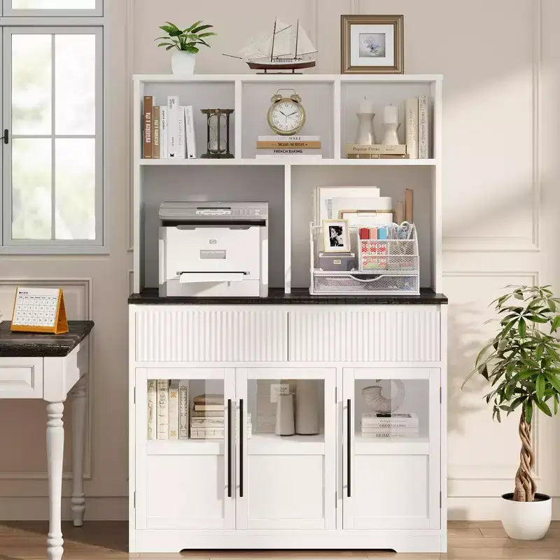 60 Farmhouse Pantry Cabinet with Glass Doors & Drawers, Kitchen Storage Hutch for Coffee Bar (White)