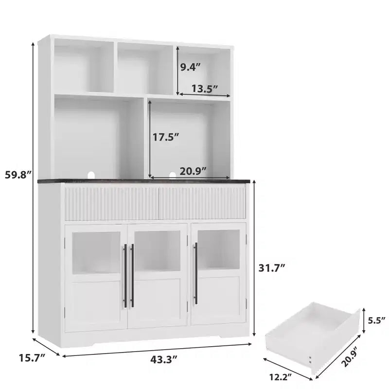 60 Farmhouse Pantry Cabinet with Glass Doors & Drawers, Kitchen Storage Hutch for Coffee Bar (White)