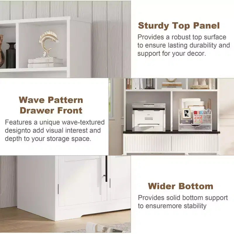 60 Farmhouse Pantry Cabinet with Glass Doors & Drawers, Kitchen Storage Hutch for Coffee Bar (White)