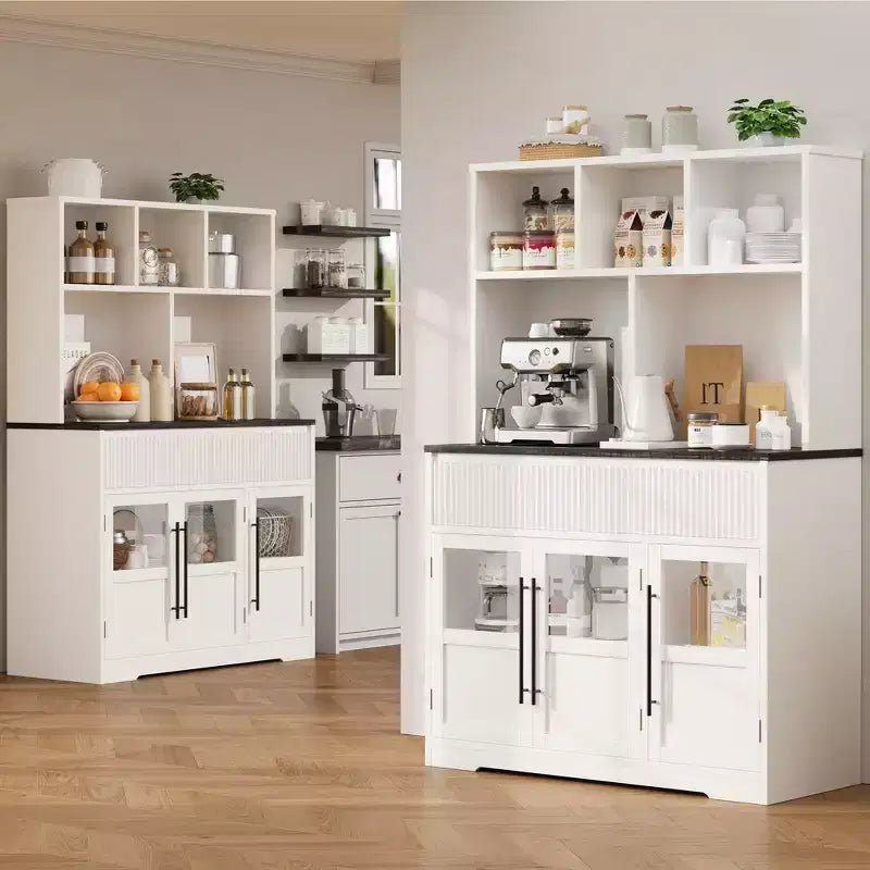 60 Farmhouse Pantry Cabinet with Glass Doors & Drawers, Kitchen Storage Hutch for Coffee Bar (White)