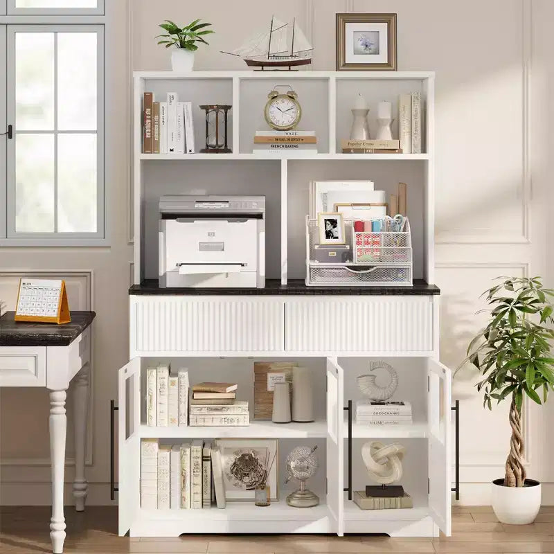 60 Farmhouse Pantry Cabinet with Glass Doors & Drawers, Kitchen Storage Hutch for Coffee Bar (White)