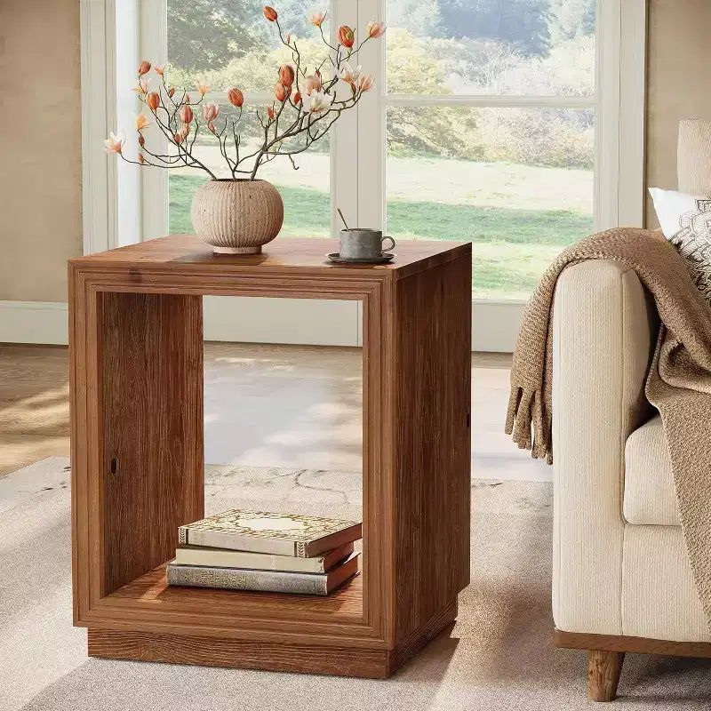 Lantine Solid Wood Side Table, Rustic Wooden End Table with 2-Tier Storage Shelf for Bedroom, Small Spaces, Living Room, Easy Assembly, Natural Brown