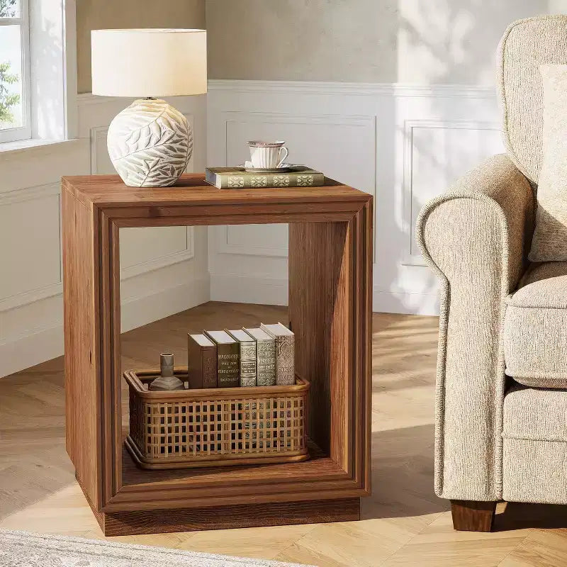 Lantine Solid Wood Side Table, Rustic Wooden End Table with 2-Tier Storage Shelf for Bedroom, Small Spaces, Living Room, Easy Assembly, Natural Brown