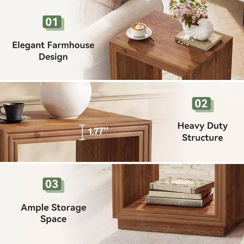 Lantine Solid Wood Side Table, Rustic Wooden End Table with 2-Tier Storage Shelf for Bedroom, Small Spaces, Living Room, Easy Assembly, Natural Brown