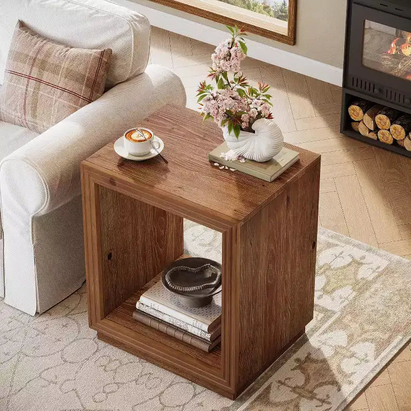 Lantine Solid Wood Side Table, Rustic Wooden End Table with 2-Tier Storage Shelf for Bedroom, Small Spaces, Living Room, Easy Assembly, Natural Brown