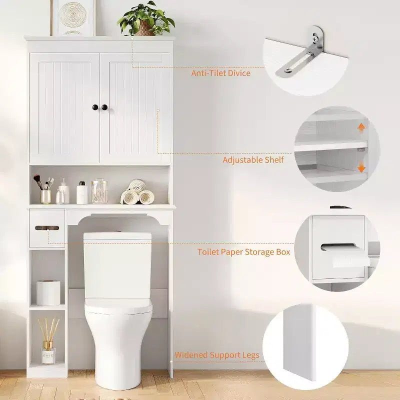 30in Over The Toilet Storage Cabinet, 7-Shelf Bathroom Organizer with Toilet Paper Holder for Bathroom Laundry Room