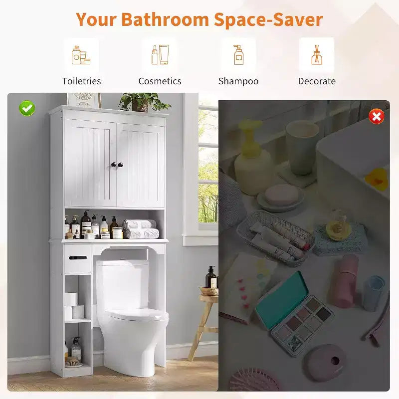 30in Over The Toilet Storage Cabinet, 7-Shelf Bathroom Organizer with Toilet Paper Holder for Bathroom Laundry Room