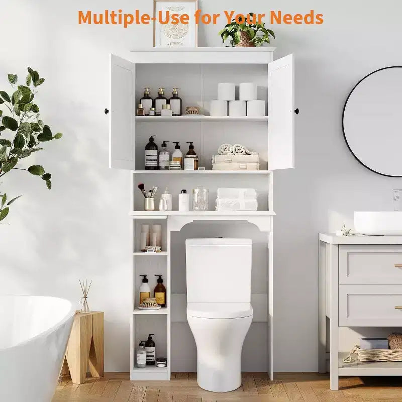 30in Over The Toilet Storage Cabinet, 7-Shelf Bathroom Organizer with Toilet Paper Holder for Bathroom Laundry Room