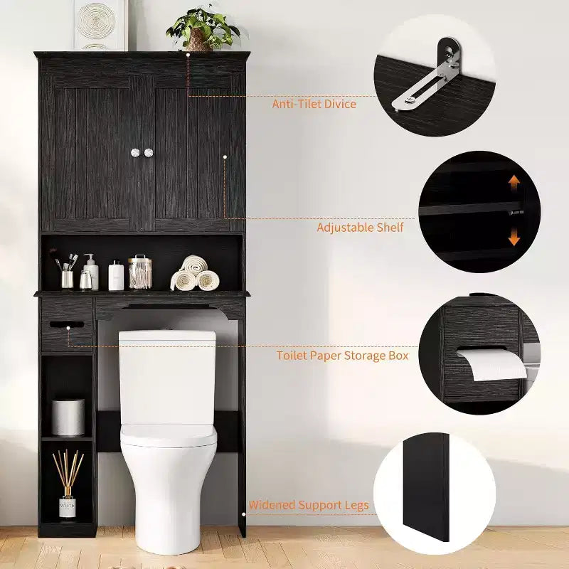 30in Over The Toilet Storage Cabinet, 7-Shelf Bathroom Organizer with Toilet Paper Holder for Bathroom Laundry Room