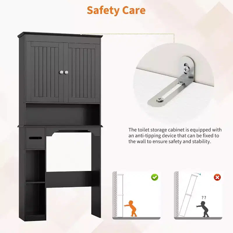 30in Over The Toilet Storage Cabinet, 7-Shelf Bathroom Organizer with Toilet Paper Holder for Bathroom Laundry Room