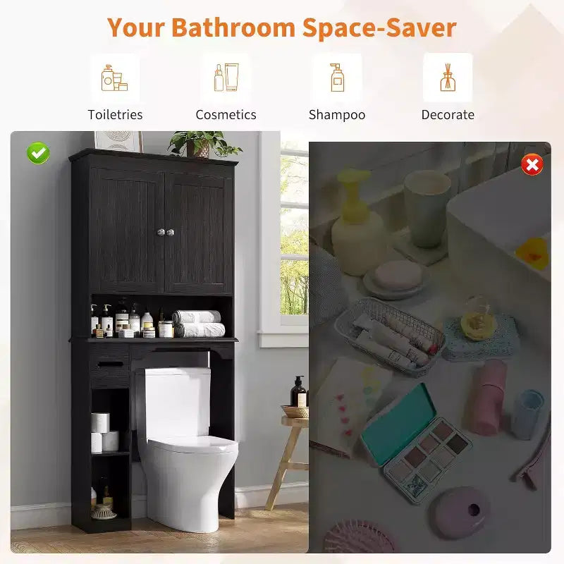 30in Over The Toilet Storage Cabinet, 7-Shelf Bathroom Organizer with Toilet Paper Holder for Bathroom Laundry Room