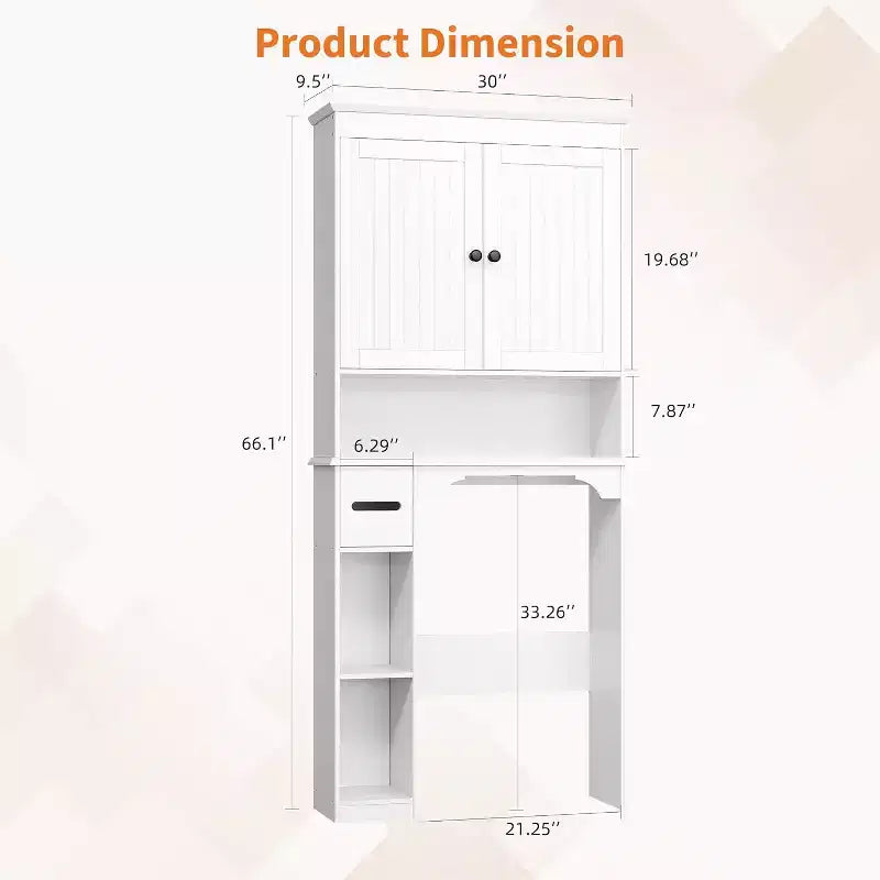 30in Over The Toilet Storage Cabinet, 7-Shelf Bathroom Organizer with Toilet Paper Holder for Bathroom Laundry Room