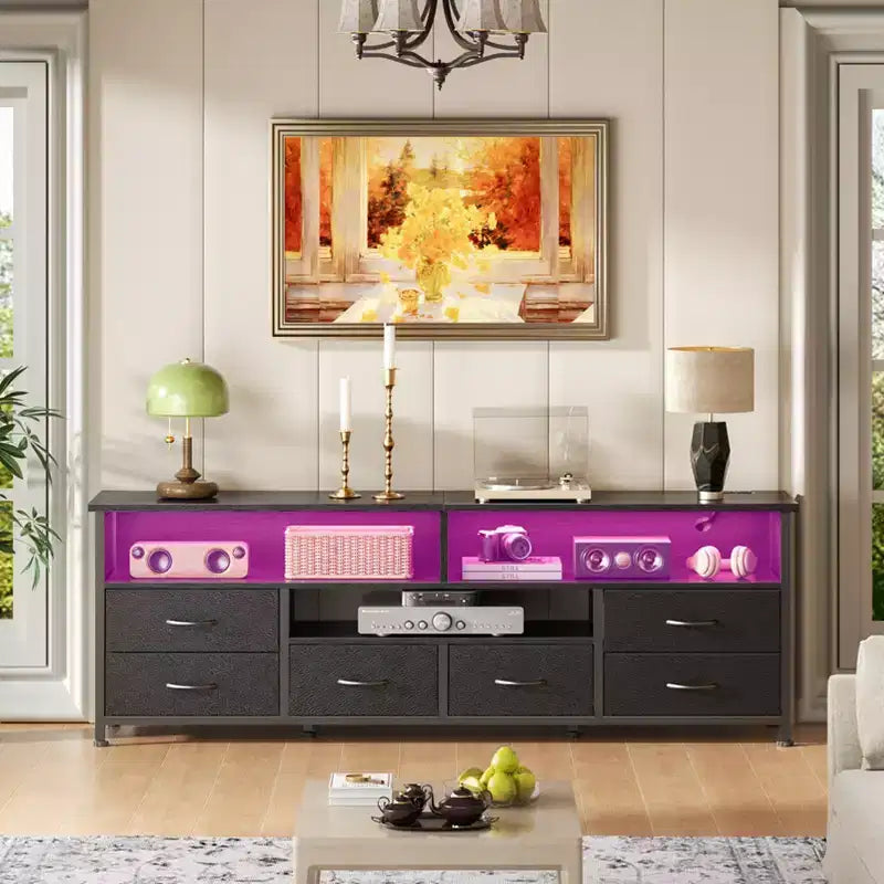 Qwatto 63 Inch Black TV Stand Dresser with Charging Station LED Lights 6 Drawers Entertainment Center for TVs up to 70 Inch Media Console Living Room