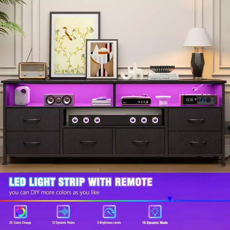 Qwatto 63 Inch Black TV Stand Dresser with Charging Station LED Lights 6 Drawers Entertainment Center for TVs up to 70 Inch Media Console Living Room