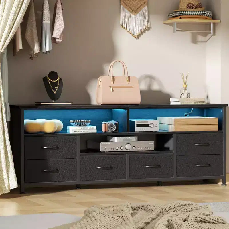 Qwatto 63 Inch Black TV Stand Dresser with Charging Station LED Lights 6 Drawers Entertainment Center for TVs up to 70 Inch Media Console Living Room