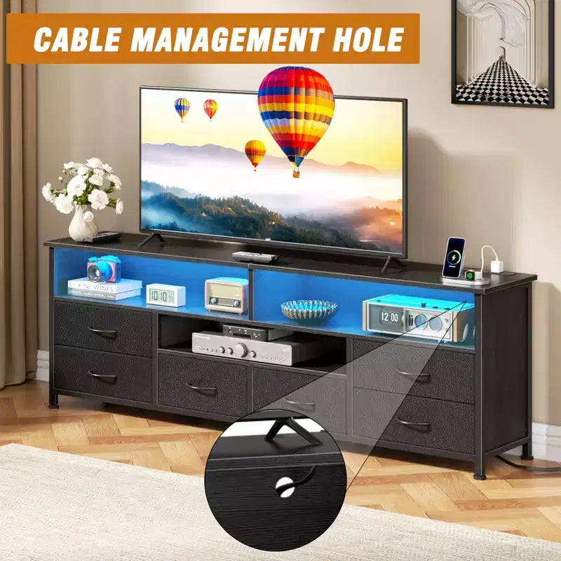 Qwatto 63 Inch Black TV Stand Dresser with Charging Station LED Lights 6 Drawers Entertainment Center for TVs up to 70 Inch Media Console Living Room