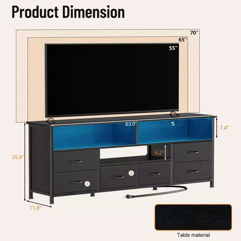 Qwatto 63 Inch Black TV Stand Dresser with Charging Station LED Lights 6 Drawers Entertainment Center for TVs up to 70 Inch Media Console Living Room
