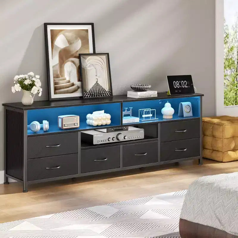 Qwatto 63 Inch Black TV Stand Dresser with Charging Station LED Lights 6 Drawers Entertainment Center for TVs up to 70 Inch Media Console Living Room