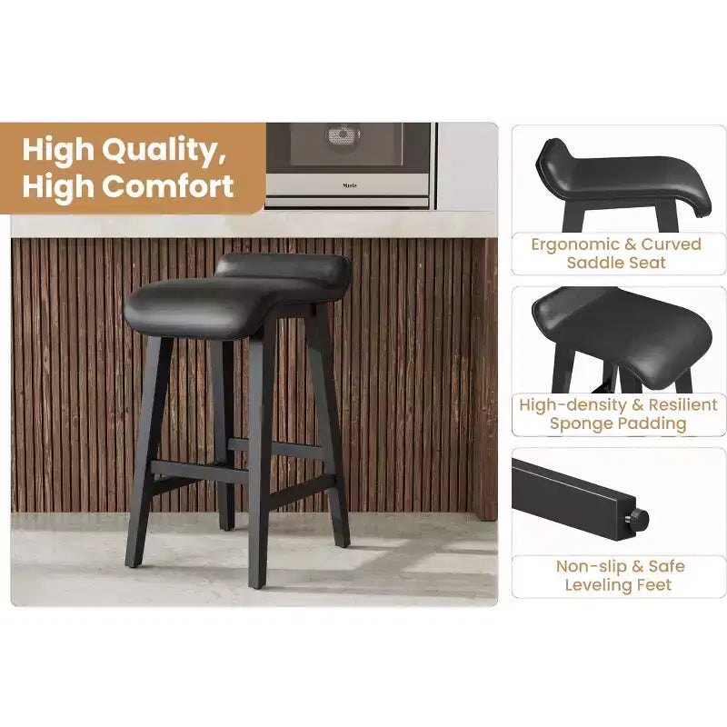 Bar Stools Set, 26.2H Modern Upholstered Kitchen Stools with Low Back, Footrest, Wood Legs, Counter Height Design for Kitchen Counter, Dining Room