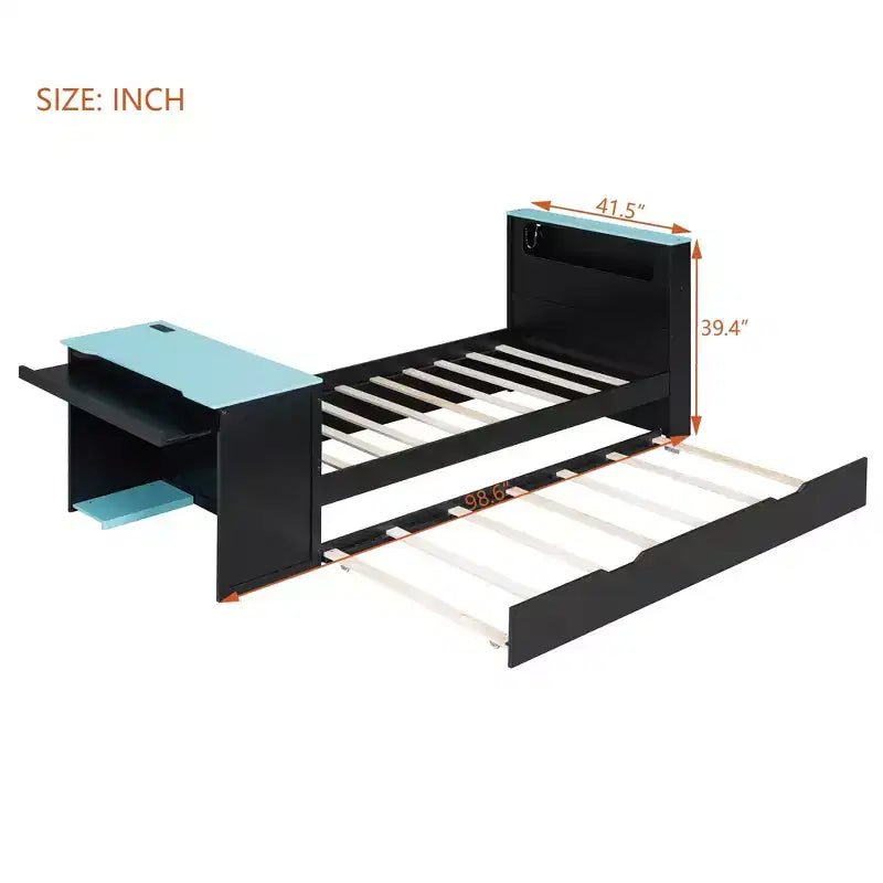 Luxystar Modern Wooden Daybed With Computer Desk, Trundle And Lighted Headboard