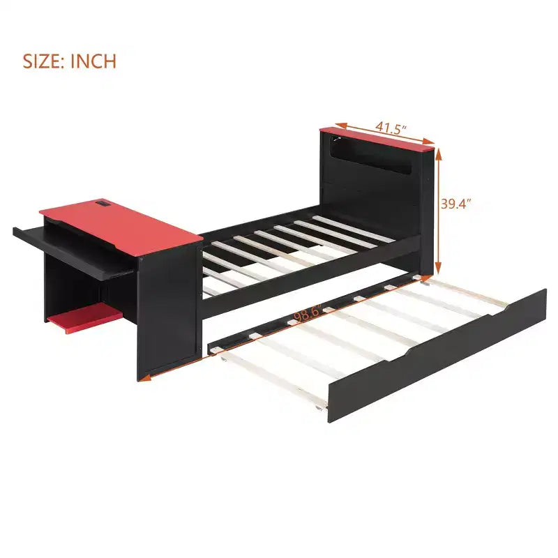 Luxystar Modern Wooden Daybed With Computer Desk, Trundle And Lighted Headboard