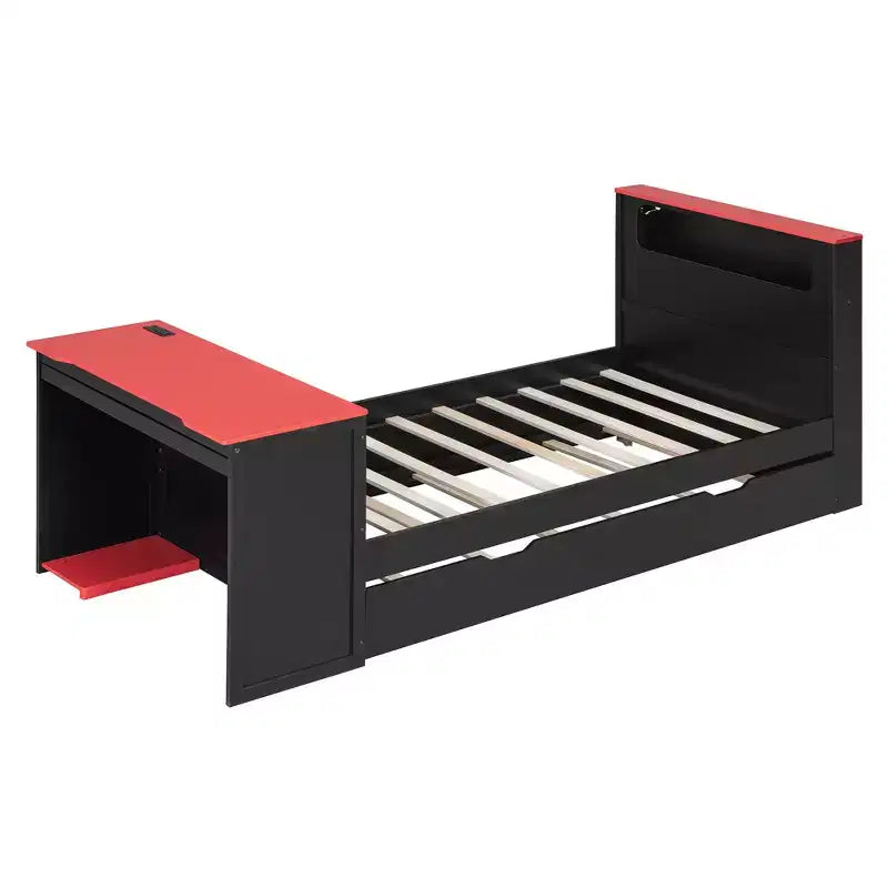 Luxystar Modern Wooden Daybed With Computer Desk, Trundle And Lighted Headboard