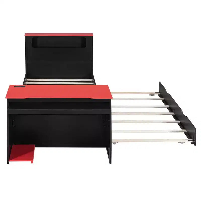Luxystar Modern Wooden Daybed With Computer Desk, Trundle And Lighted Headboard