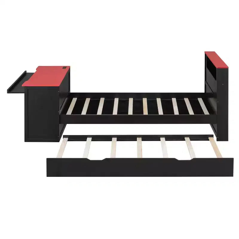 Luxystar Modern Wooden Daybed With Computer Desk, Trundle And Lighted Headboard
