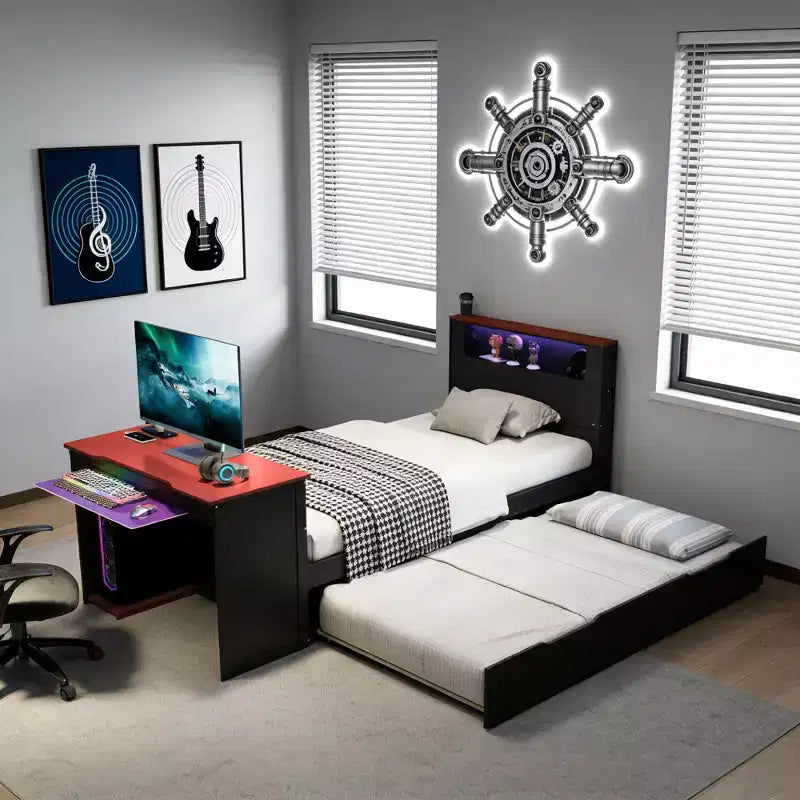 Luxystar Modern Wooden Daybed With Computer Desk, Trundle And Lighted Headboard