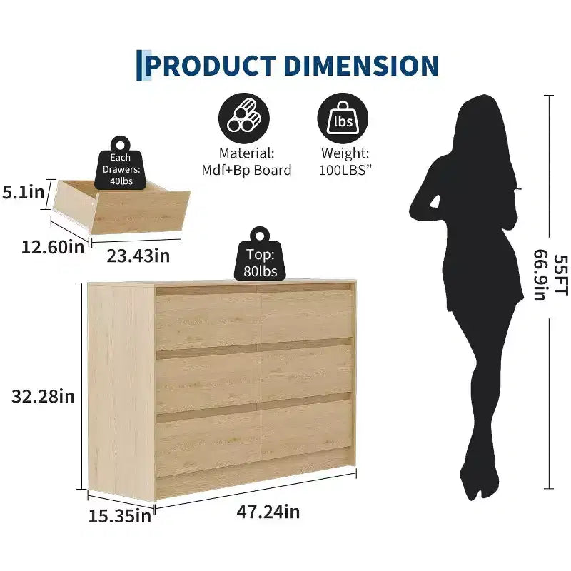 Acekool Bedroom 6 Drawer 47 Inch Wood Dresser Chest of Drawers Storage Organizer Cabinet Natural Oak Finish