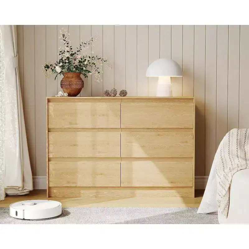 Acekool Bedroom 6 Drawer 47 Inch Wood Dresser Chest of Drawers Storage Organizer Cabinet Natural Oak Finish