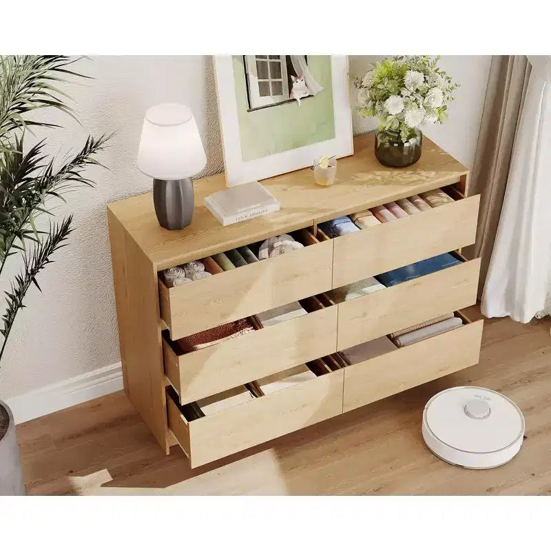 Acekool Bedroom 6 Drawer 47 Inch Wood Dresser Chest of Drawers Storage Organizer Cabinet Natural Oak Finish