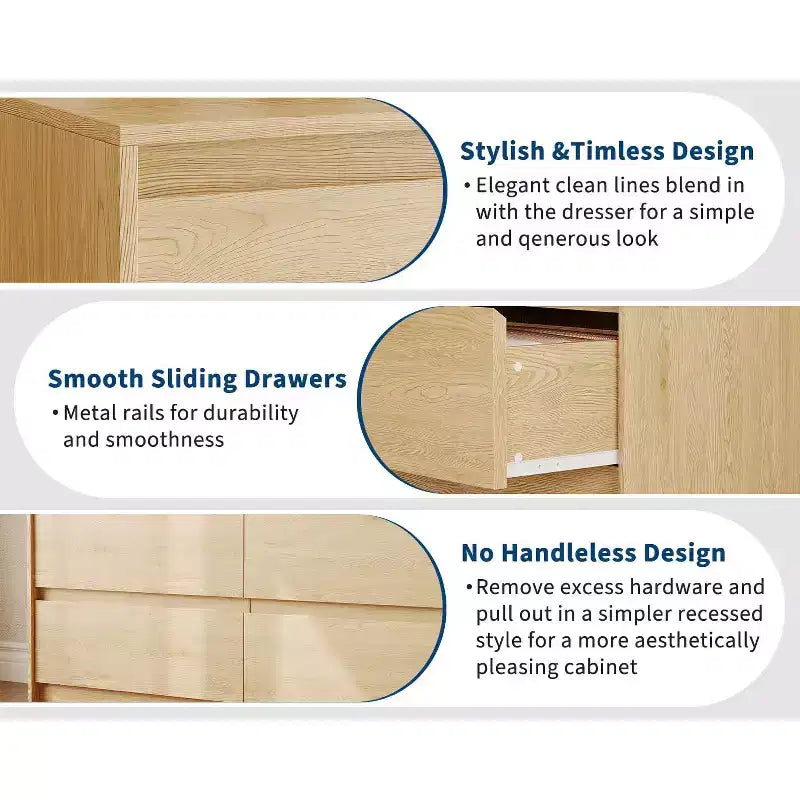 Acekool Bedroom 6 Drawer 47 Inch Wood Dresser Chest of Drawers Storage Organizer Cabinet Natural Oak Finish