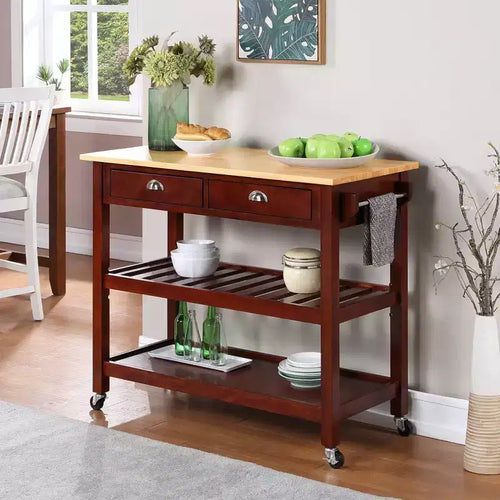Breighton Home American Heritage 3 Tier Butcher Block Kitchen Cart with Drawers Mahogany