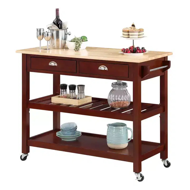 Breighton Home American Heritage 3 Tier Butcher Block Kitchen Cart with Drawers Mahogany