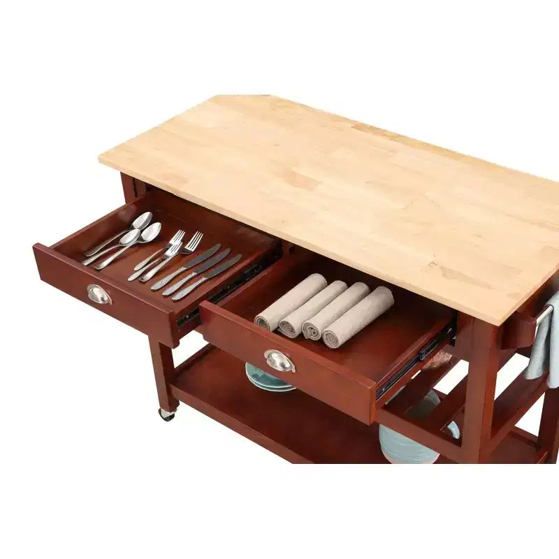 Breighton Home American Heritage 3 Tier Butcher Block Kitchen Cart with Drawers Mahogany