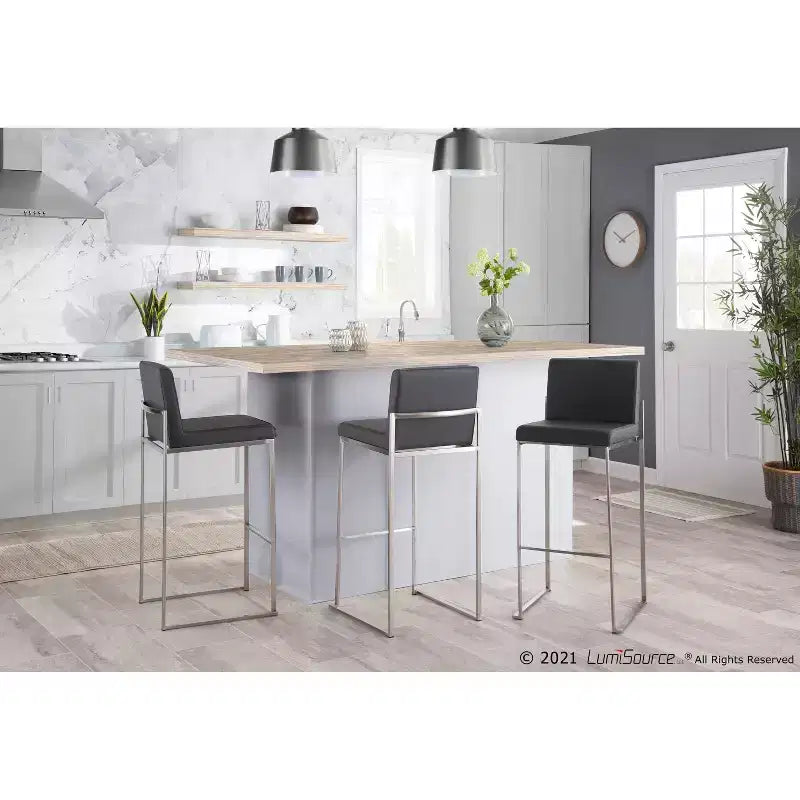 Set of 2 Fuji High Back Stainless Steel/Faux Leather Barstools - LumiSource