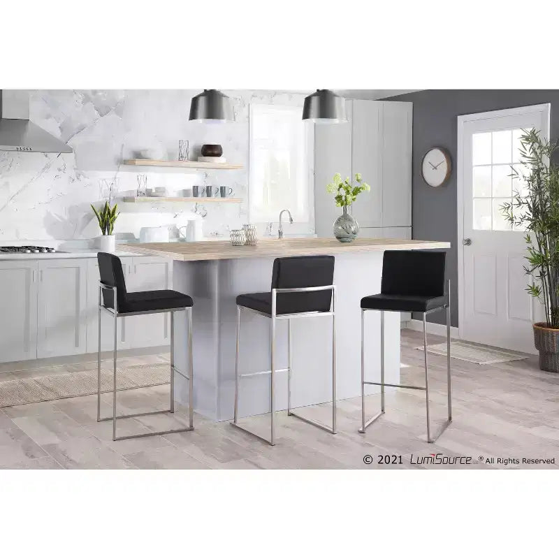 Set of 2 Fuji High Back Stainless Steel/Faux Leather Barstools - LumiSource